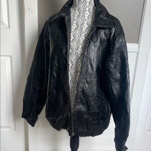 Men's Black Leather Jacket VINTAGE patchwork L/XL